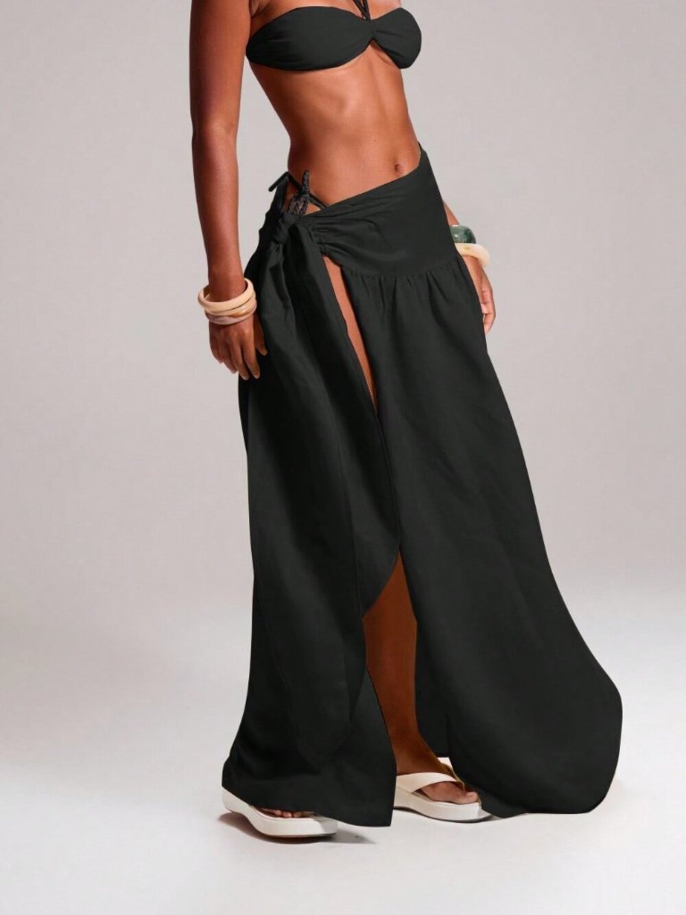 Black Sexy Women's Tie Side Low Rise Cover Up Maxi Skirt